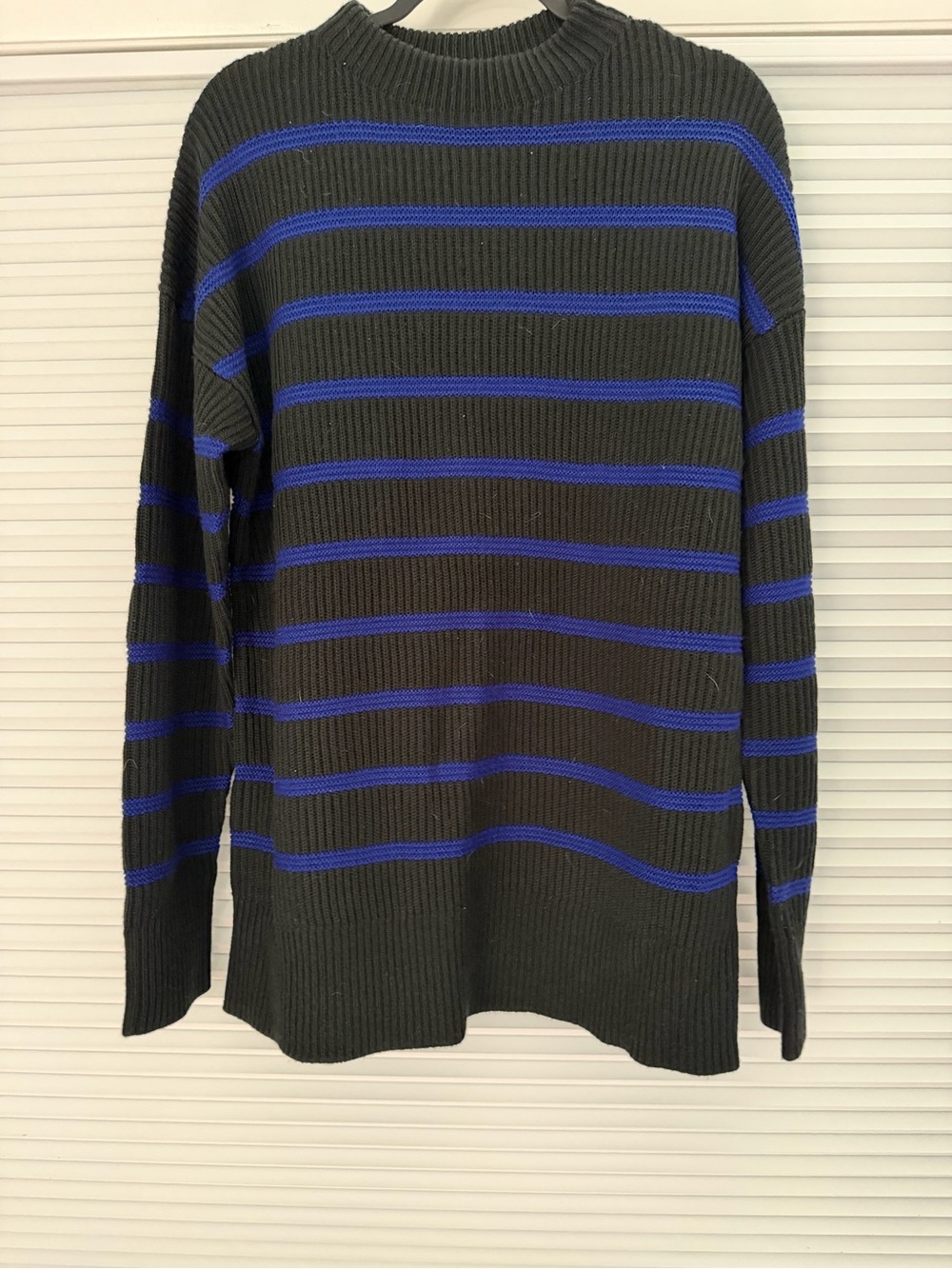 Zara Black Crewneck Sweater with Blue Stripes